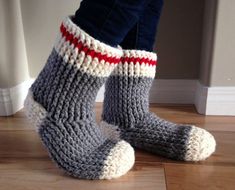 Who doesn't love the old fashioned wool work socks on a chilly day? Now you can have even warmer toes with these cozy slipper boots. With the front post double crochet stitch, they are so thick and delicious they feel like you're walking on a cloud! The boots are crocheted in the round - no seams - extra delicious! The pattern includes sizes for: Women's shoe size 5-12 and Men's shoe size 6-13. Boot Pattern, Cozy Slippers Boots, Easy Crochet Slippers, Wool Work, Front Post Double Crochet, Work Socks, Crochet Baby Boy, Boots Patterns, Crochet Socks