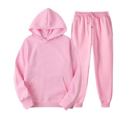 a pink hoodie and sweatpants are on display