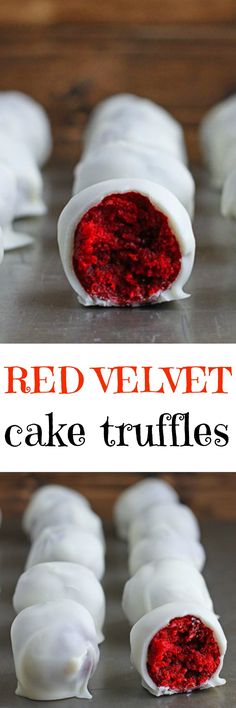 red velvet cake truffles on a baking sheet with the words, red velvet cake truffles