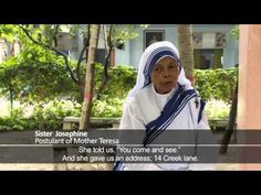 a woman wearing a white and blue outfit standing in front of a tree with the words sister josephine