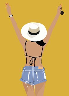 a woman in shorts and a hat with her hands up to the side, wearing a straw hat