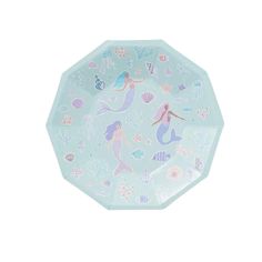 a blue paper plate with mermaids and sea creatures on the front, sitting on a white background