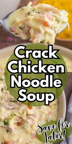 Indulge in the ultimate comfort food with this homemade crack chicken noodle soup recipe from Pint-sized Treasures. This dish is prepared on the stovetop and features succulent rotisserie chicken and hearty egg noodles. It's the perfect dinner choice for a cozy, satisfying meal. Dinner Meal, Tender Chicken, Creamy Soup, Chicken Noodle Soup, Chicken Noodle, Chicken Tenders, Picky Eaters, Family Recipes, Noodle Soup