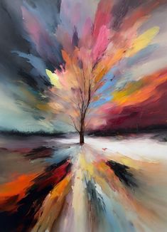 an abstract painting of a tree in the middle of a field with colorful clouds above it