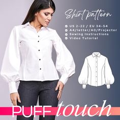 a woman wearing a white shirt and black pants with the words puff touch on it