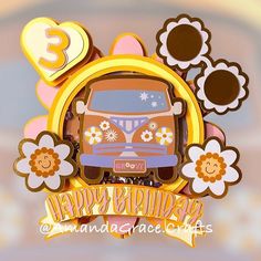 a happy birthday card with an image of a bus in the center and flowers around it