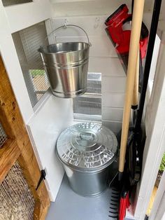 the inside of a small house with tools in it