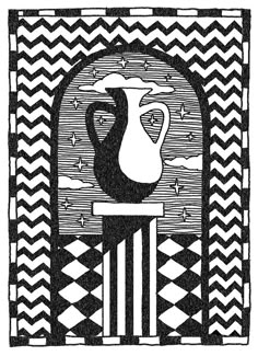 a black and white drawing of a vase on top of a table with chevron lines