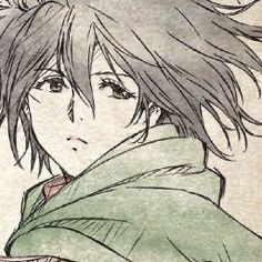 an anime drawing of a man with long hair wearing a green jacket and scarf over his shoulder