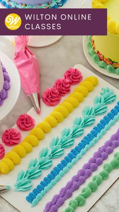 there are many different colored cakes on the table with words written below them that read, william and mary's online classes