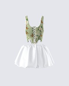 A little whimsy never hurt nobody 🌱 Live out your own fairytale in this two-piece set featuring a green floral jacquard corset top and a white bubble mini skirt 🤍 Spring Garden Party Corset With Corset Back, Fitted Green Corset For Spring, Spring Green Fitted Corset, Green Summer Corset, Black Off Shoulder, Floral Jacquard, Graphic Top, White Jersey, Pocket Pants