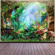 an image of a forest scene with mushrooms and other things in the woods wall mural