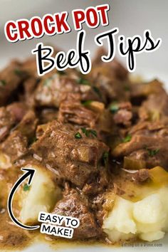 crock pot beef tips recipe on a white plate