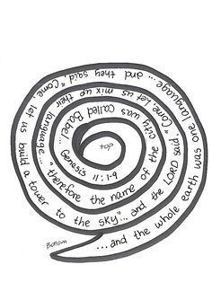 a spiral with words written on it and an arrow pointing to the center, in black ink