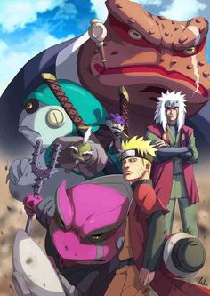 naruto and his friends are standing in front of a giant monster