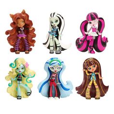 four different monster dolls are shown in this image, one is wearing a costume and the other has an outfit