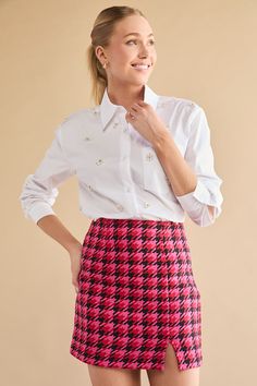 Katrina Houndstooth Tweed Mini Skirt Tweed Mini Skirt, Houndstooth Pattern, Party Tops, Plaid Tops, Fall Shopping, Dress With Cardigan, Waiting For You, Shop Blouses