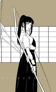 an anime character with long black hair holding a bow and arrow in one hand while standing next to a tiled wall