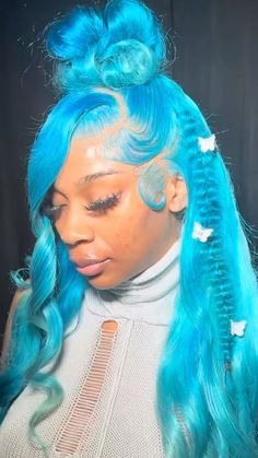 Cute Frontal Styles, Hair Styles For Wigs Black Women, Exotic Wig Colors, 30 Inch Wig Hairstyles, Braided Frontal Hairstyles, Blue Wig Hairstyles, Color Wig Hairstyles, Wig Inspo Black Women, Styles For Wigs