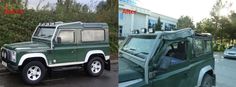 two pictures side by side one has a green land rover and the other has a white car