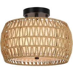 a ceiling light that is made out of rope and has a black metal fixture on the top