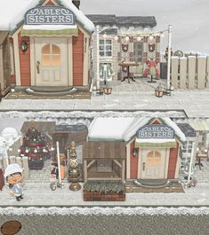 two pictures of small shops with snow on the ground and people standing outside in front of them