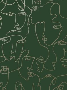 a drawing of many faces on a dark green background with white lines in the middle