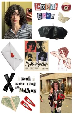 the collage has many different images and words on it, including an image of a woman with curly hair