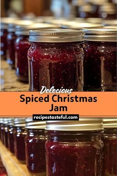 jars filled with jam sitting on top of a wooden shelf next to each other and the words delicious spiced christmas jam