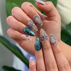 Rave Nails, Cute Simple Nails, Korean Nails, Cute Nail Art Designs, French Tip Acrylic Nails, Blue Nail Designs, Cute Gel Nails, Press Ons, Pink Acrylic Nails