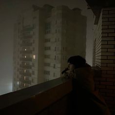 a woman leaning on a ledge looking out at tall buildings in the foggy night