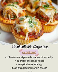 Ingredients:\n- 1 8-oz can refrigerated crescent dinner rolls\n- 4 oz cream cheese, softened\n- Italian seasoning\n- 1 cup shredded mozzarella cheese\n- 12 1-oz frozen meatballs\n- 1 cup spaghetti sauce.\nInstructions:\n1. Preheat oven to 375\n2. Press dough into muffin pan cups\n3. Combine cream cheese & Italian seasoning\n4. Divide the mixture into cups & bake for 15-18 minutes\n#MeatballSubCupcakes #PartyFood #WeeknightDinner Mini Meatball Subs, Crescent Dinner Rolls, Pan Dinner Recipes, Ultimate Cookie Recipe, Meatball Sub, Mini Meatballs, Classic Sandwich, Mama Recipe, Fresh Baked Cookies