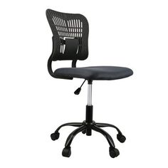 an office chair with wheels and black fabric upholstered on the back, against a white background