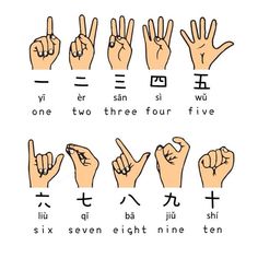 an image of hand gestures in different languages with the chinese characters above them and below it