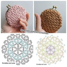 crocheted coin purses are shown in three different colors