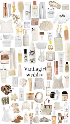 a collage of various white items with the words vanilagirl wishlist