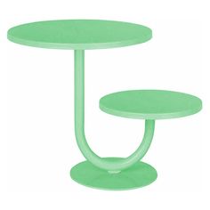 a green table with two small tables on it's legs and one is round