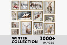 a large collection of pictures with animals in the background and text that reads winter collection images