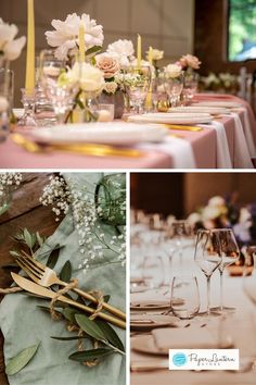 the table is set with wine glasses, flowers and napkins on it for an elegant wedding reception