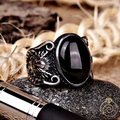 Men's onyx gemstone signet ring which will give you a head turning presence. This mystic, vintage style, engraved ring has a unique design for the polished, refined, and distinguished man. Perfect for casual and formal events, it will make your friends envious as you walk into the room full of confidence and pride. Looking for a unique, one of a kind GIFT FOR HIM, groomsman gift, father's day gift, teacher day gift? Look no further. This cool gemstone ring is the right answer and best gift for a Symbolic Black Stainless Steel Rings, Adjustable Black Symbolic Signet Ring, Symbolic Black Oval Jewelry, Black Symbolic Signet Ring With Polished Finish, Black Spiritual Engraved Ring For Anniversary, Symbolic Black Skull Ring, Black Symbolic Signet Ring, Symbolic Black Round Signet Ring, Rings Black Stone