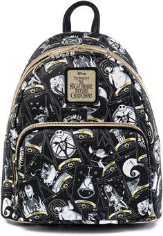 What's this, what's this... it's a cool NBC mini backpack! The print on this bag was completely hand drawn by one of the most talented art departments in the business. You guessed it, the Loungefly art department. Each design was individually approved by Tim Burton himself. This backpack is made from vegan leather. It features an all-over print of your favorite The Nightmare Before Christmas characters, Halloween theme interior lining, gold trim, adjustable straps, metal hardware, and plaque det Nightmare Before Christmas Tarot, Disney Loungefly Backpack, Christmas Tarot, Nightmare Before Christmas Backpack, Nightmare Before Christmas Characters, Mini Mochila, Loungefly Bag, Disney Bag, Loungefly Disney