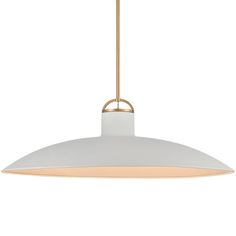 a white and gold pendant light hanging from the ceiling, with an oval shaped shade