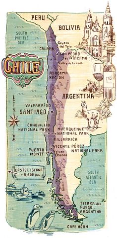 an old map of chile with the capital and major cities on it's side