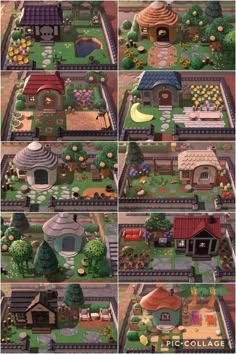 several different pictures of houses and gardens in the game animal crossing, which is very similar to each other