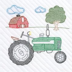 an image of a tractor with trees and clouds in the background on a quilted placemat