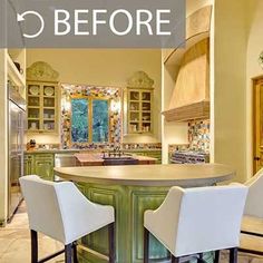 a kitchen with an island and two chairs in it that is before and after remodeling