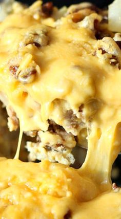 a close up of some food with cheese on it