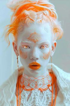 a woman with orange hair and white makeup