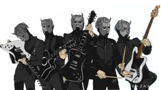 a group of people with cats on their heads and guitars in front of them, all wearing black