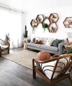 a living room filled with furniture and potted plants